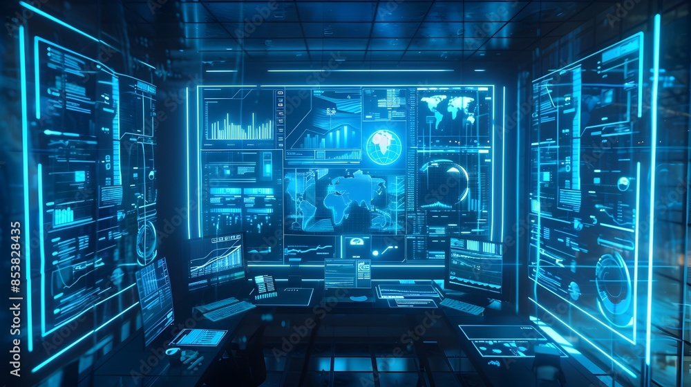 Poster futuristic digital data and information interface with world globe hologram