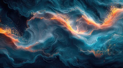 Abstract teal and orange fluid art with swirling waves and sparkles, ideal for dynamic digital art projects, modern designs, and creative backgrounds