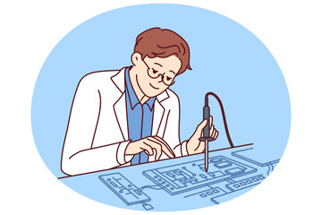 Man engineer uses soldering iron to repair computer board or invent new technology. Guy working as engineer in technology laboratory repairs electronic components from modern digital equipment