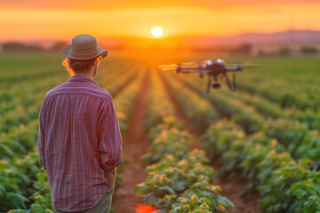 Fototapeta premium Farmer Using Drone at Sunset on Farm