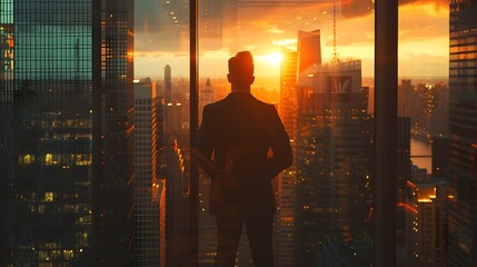 Fototapeta premium Silhouetted professional observing panoramic urban skyline at sunset