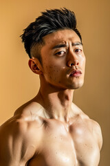 Fototapeta premium Sad bare-chested Asian man on a beige background