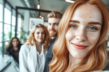 Obraz premium Young Redhead Woman Selfie with Friends