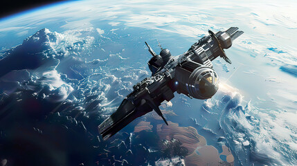 Detailed portrayal: Earth and spacecraft captured in orbit authentic planetary appearance detailed spacecraft design captivating cosmic ambiance .