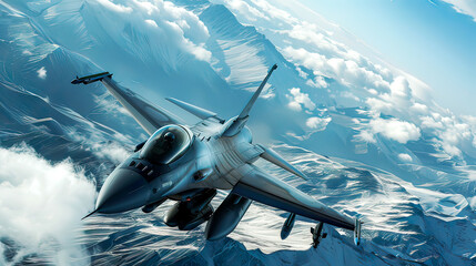 Detailed portrayal: Fighter jet in full flight authentic aircraft details dramatic composition vivid colors .