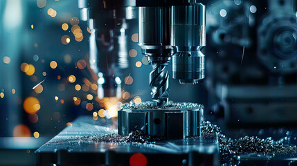 Detailed portrayal: Industrial metalworking cutting process milling cutter in action realistic machinery .