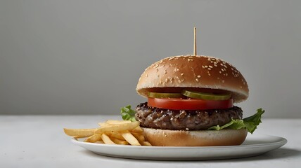 Juicy hamburger sandwich with cheese, lettuce, tomato.