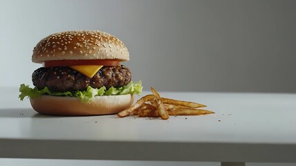 A hamburger sandwich with lettuce, tomato, cheese.
