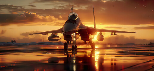 Detailed portrayal: Military jet aircraft stationed on runway at sunset authentic depiction dynamic effects realistic setting .