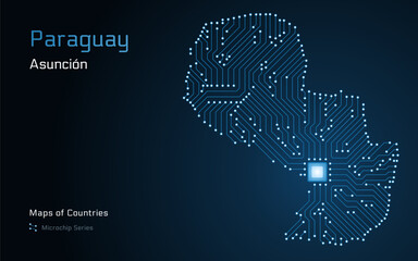 Paraguay Map with a capital of Asuncion Shown in a Microchip Pattern with processor. E-government. World Countries vector maps. Microchip Series	