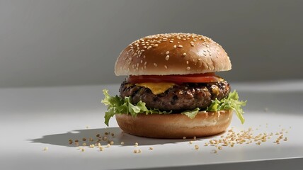 A hamburger sandwich with lettuce, tomato, cheese.