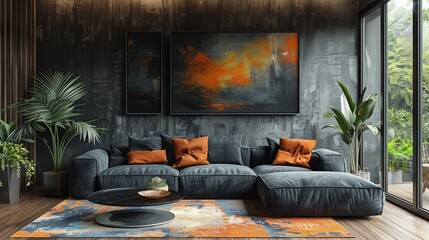 Stylish living room interior with comfortable dark sofa