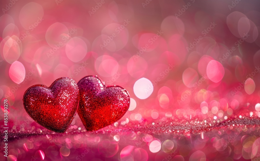 Wall mural two red hearts on a pink background with bokeh lights, concept of love or valentine's day