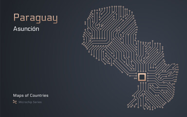 Paraguay Map with a capital of Asuncion Shown in a Microchip Pattern with processor. E-government. World Countries vector maps. Microchip Series	