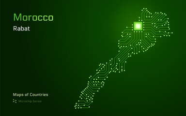 Morocco Map with a capital of Rabat Shown in a Microchip Pattern with processor. E-government. World Countries vector maps. Microchip Series	