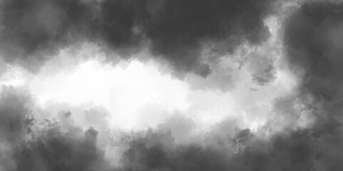 Luxury Cumulonimbus cloud formations on tropical blue sky. Design for your date, postcard, banner. Clouds in the fog. Dark gray, indigo watercolor splash background.