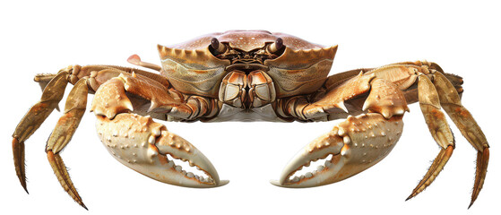 Close-up image of a detailed crab with pincers extended, isolated on a white background, showcasing the intricate textures and colors.