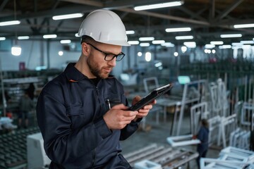 Reading the data from tablet. Factory worker is indoors with hard hat