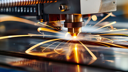 Hyper-realistic close-up image of laser cutting metal vivid sparks and bright laser beam intricate details of the cutting process  intense and precise illumination modern