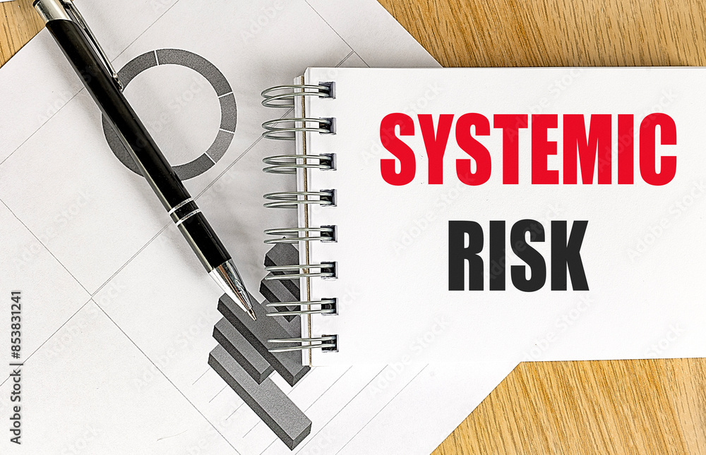 Poster systemic risk text on notebook with chart on wooden background