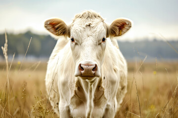 Fototapeta premium Portrait of a white Cow in a pasture