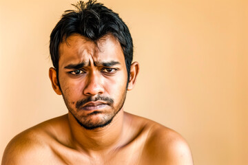 Obraz premium Sad bare-chested Indian man on a beige background