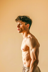 Fototapeta premium Sad bare-chested man on a beige background