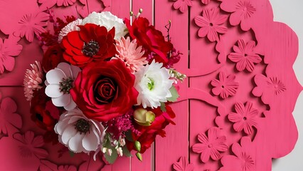 Floral background lot of artificial flowers in colorful composition on handmade wooden pink background close up