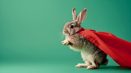 Adorable Fluffy Rabbit Posing on Green Red Background in Studio