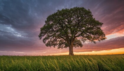 Fototapeta premium A wide angle shot of a single tree growing under a clouded sky during a sunset surrounded by grass