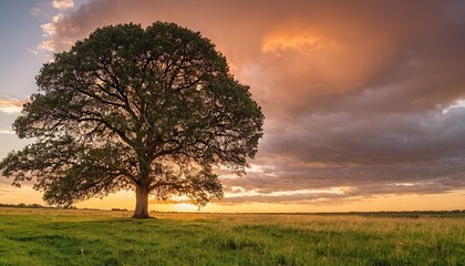 Fototapeta premium Wide angle shot of a single tree growing under a clouded sky during a sunset surrounded by grass
