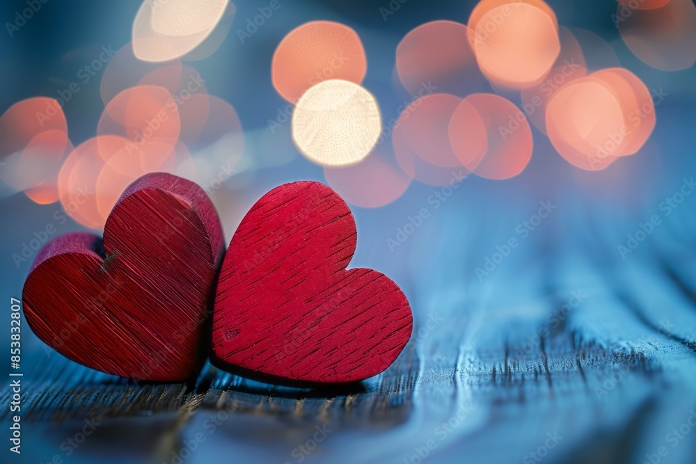 Wall mural two red wooden hearts on the table, bokeh lights in the background, valentine's day theme