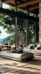Fototapeta premium Stylish Living Room with Scenic Garden