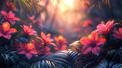 Tropical flowers in full bloom with soft sunlight creating a calming and enchanting atmosphere in a lush garden setting