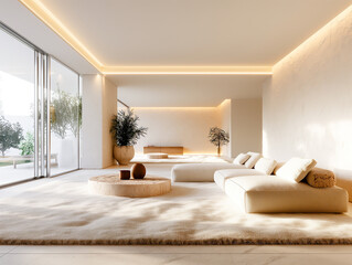 modern living room with sofa and wooden table, Scandinavian interior design.