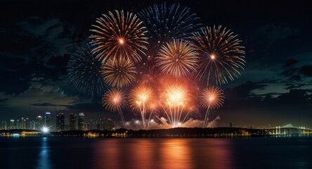 Fototapeta premium Festive Skyline: City Reflects Fireworks on the Water (Holiday Background)