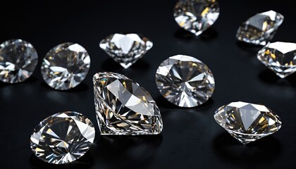 Shiny round diamonds on black background, luxury brilliants sparkle on dark desk, white gemstones with reflections. Concept of jewel, jewelry, gem, gift, natural precious stone, crystal