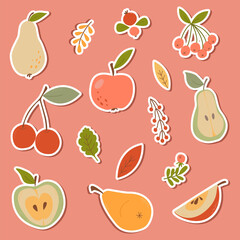 Cute stickers of vegetables, fruits and berries. Autumn harvest. Vector icons on autumn theme and vegetarianism for scrapbooking, social networks, magnets