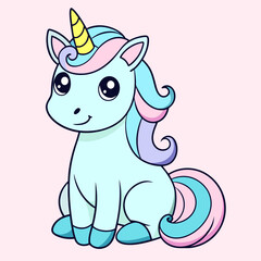 Naklejka premium A cartoon drawing of a unicorn with a pink and blue tail.