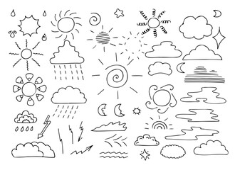 Set of cute pen line doodle element vector. Hand drawn doodle style collection of sun, clouds, stars, drops. Cute isolated collection for decoration, sticker, idol poster, social media. 