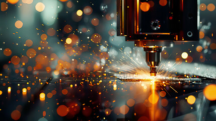 Hyper-realistic image of a milling metalworking processCNC machine machining metal with a vertical mill detailed view of the cutting process  bright sparks