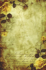 Vintage love letter texture with beautiful handwritten script. Framed by delicate flowers, leaves, and branches. Grunge paper texture with grain and aged look Perfect for historical and romantic theme
