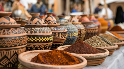 Fototapeta premium A table with many different colored vases and bowls of spices