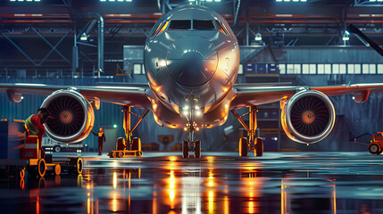 Hyper-realistic image of a passenger airplane undergoing engine and fuselage maintenance in an airport hangar detailed view of the repair process
