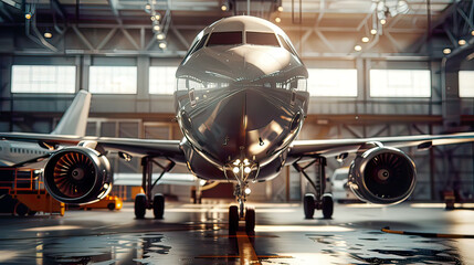 Hyper-realistic image of a passenger airplane undergoing engine and fuselage maintenance in an airport hangar detailed view of the repair process