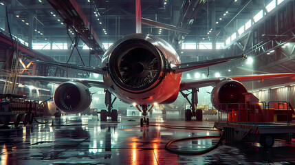 Hyper-realistic image of a passenger airplane undergoing engine and fuselage maintenance in an airport hangar detailed view of the repair process