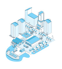 Port warehouse in the city - vector isometric illustration. Industrial area and office buildings, logistics, storage and shipment of goods by water transport. Fountain, trees and highway with trucks