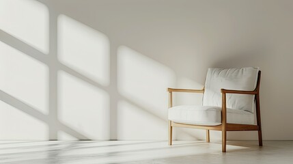 A simple wooden chair with white fabric in front of a blank wall, a standard high-resolution photo of the chair.