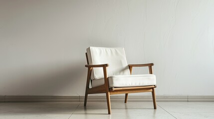 A simple wooden chair with white fabric in front of a blank wall, a standard high-resolution photo of the chair.