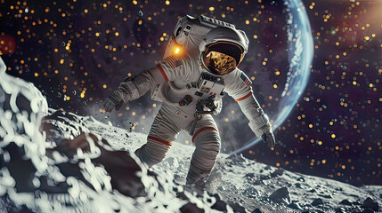 Obraz premium Hyper-realistic image of an astronaut starting to run on a lunar surface detailed space suit lighting starry high-tech space exploration 